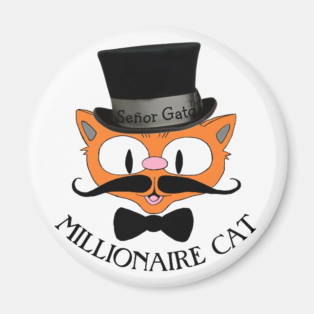 Aimant CHAT MILLIONAIRE CHAT Moustache avec chapeau supér (Devant)