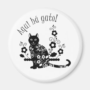 Aimant Chat noir avec fleurs et expression portugaise
