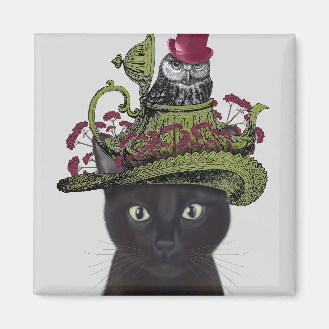 Aimant Chat noir avec théière et hibou (Devant)