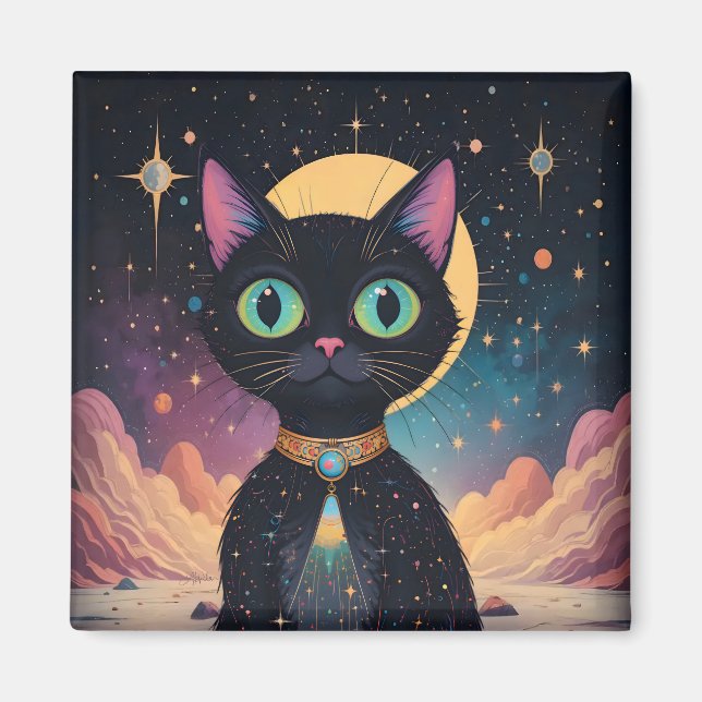 Aimant Chat noir cosmique futuriste atomique en clair de  (Devant)