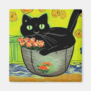 Aimant Chat noir en pot de fleurs