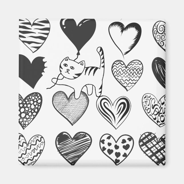 Aimant Chat noir et blanc et Motif de coeur (Devant)