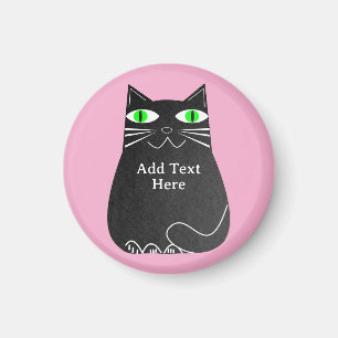 Aimant Chat noir gras avec yeux verts Texte personnalisé
