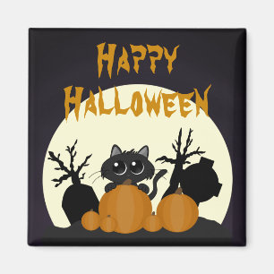 Aimant Chat noir Halloween avec Citrouilles dans un cimet