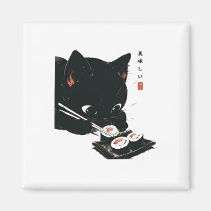 Aimant Chat noir manger Sushi - Chat Art Japonais