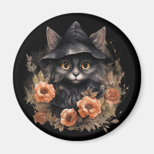 Aimant Chat noir mignon dans le Casquette d'une sorcière