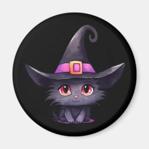 Aimant Chat noir mignon portant un Casquette de sorcière