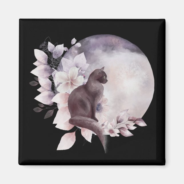 Aimant Chat noir par une Pleine lune magique (Devant)