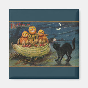Aimant Chat noir vintage Halloween Citrouille