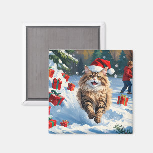 Aimant Chat Persan Assis dans la Neige avec un Chapeau de