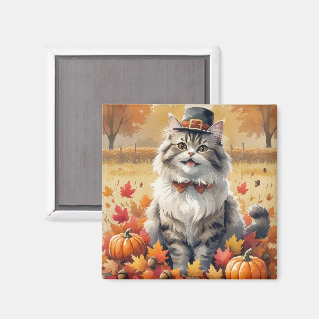 Aimant Chat Perse En Automne Feuilles Thanksgiving Art (Recto/Verso)