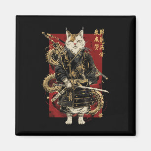 Aimant Chat Samurai Avec Dragon Kanji