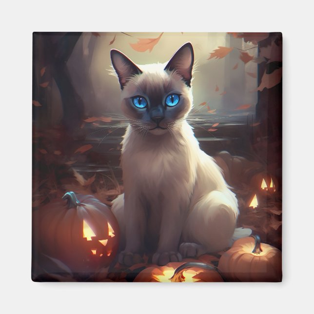 Aimant Chat Siamais Halloween Avec Peur Citrouille (Devant)