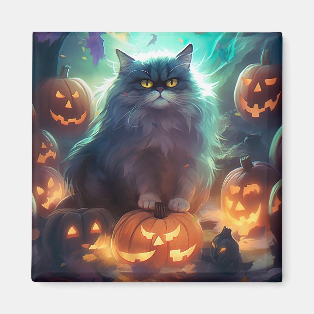 Aimant Chat Sibérien D'Halloween Avec Peur Citrouille (Devant)