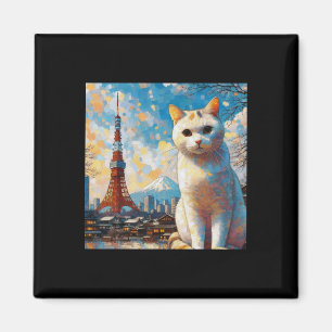 Aimant Chat surplombant la Tour de Tokyo avec le Mont Fuj