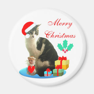 Aimant Chat tabby de Noël, petit ange & cadeaux