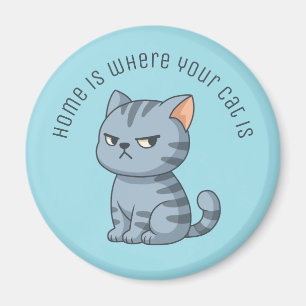 Aimant Chat tabby gris grincheux Texte personnalisé Bleu