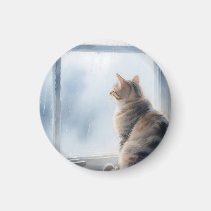 Aimant Chat tigré aquarelle à la fenêtre pluvieuse