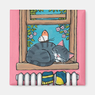 Aimant Chat tigré de sommeil avec le papillon sur le
