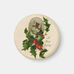 Aimant Chaton de Noël victorien au houx antique tabby