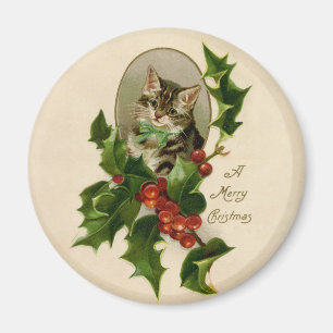 Aimant Chaton de Noël victorien au houx antique tabby
