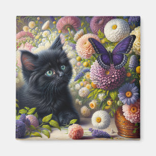 Aimant Chaton noir mignon et papillon violet floral