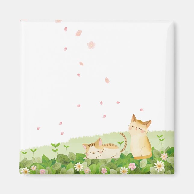 Aimant Chats amusants chantant sous les fleurs de cerisie (Devant)