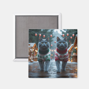 Aimant Chats Bleus Russes Noël Neige Fêtes 