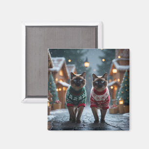 Aimant Chats siamois Noël Neige Fêtes