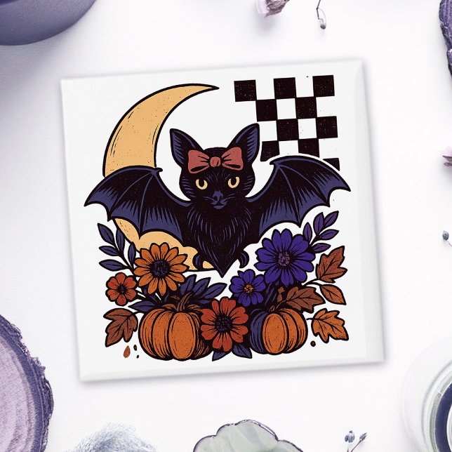 Aimant Chauve d'Halloween rétro avec lune Gothique esthét (This retro Halloween bat design captures spooky charm with a gothic twist.)