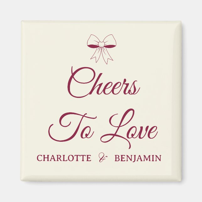 Aimant Cheers To Love Burgundy Script Ivory Bow Wedding (Devant)