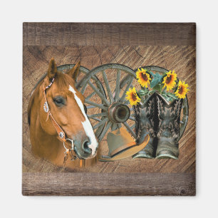 Aimant Cheval Cowboy Boots Wagon Wheels Sunflowers Wester