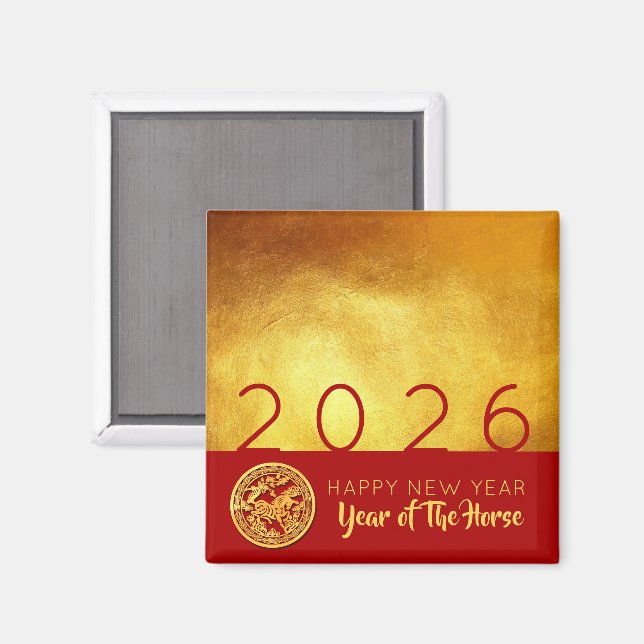 Aimant Cheval de Nouvel An Chinois 2026 Rouge Gold SqM (Recto/Verso)
