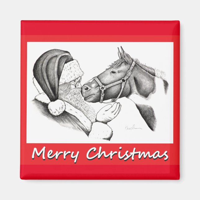 Aimant Cheval Pinto Paint Christmas et Père Noël (Devant)
