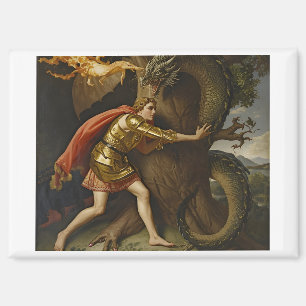 Aimant Chevalier en armure dorée contre le dragon