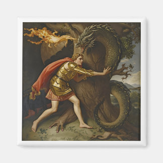 Aimant Chevalier en armure dorée contre le dragon