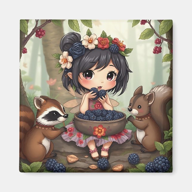 Aimant Chibi Fairy Eating Blackberries with Forest Friend (Devant)