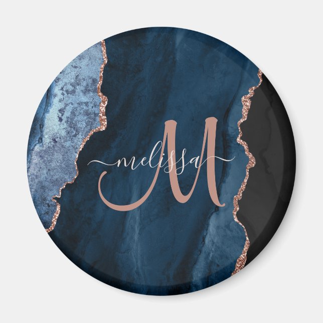 Aimant Chic Blue Rose Gold Agate Script Monogramme person (Devant)