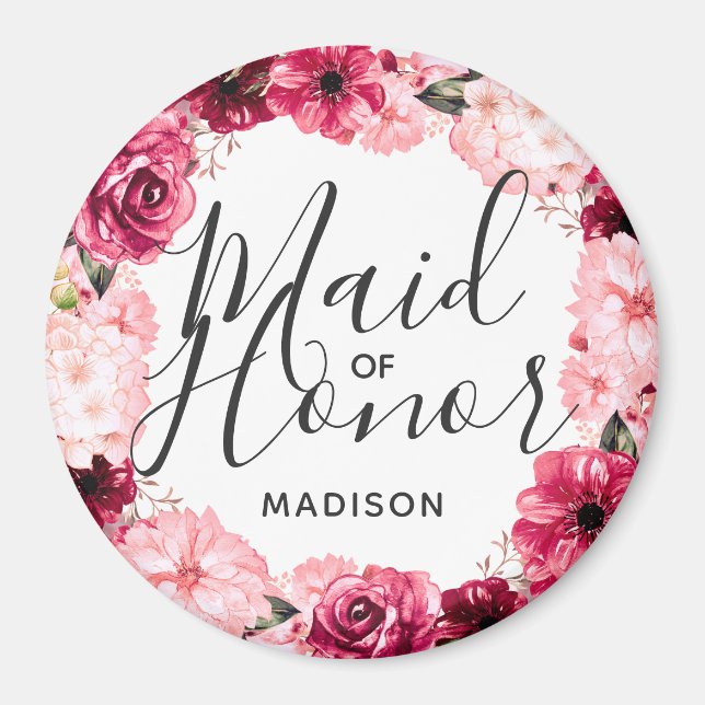 Aimant Chic Bourgogne et couronne rose florale Maid of Ho (Devant)