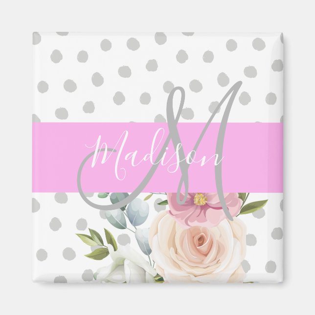 Aimant Chic & Girl Floral Blanc rose Gris Nom (Devant)