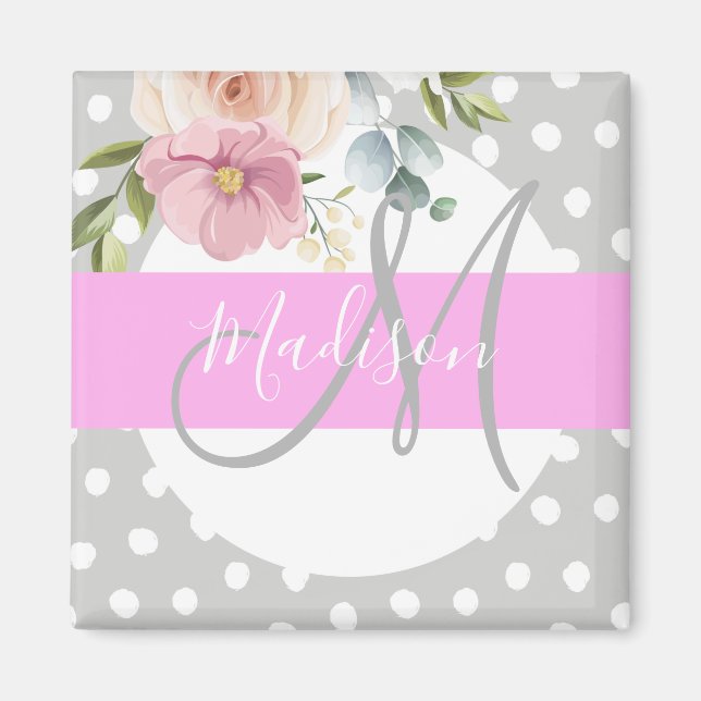 Aimant Chic & Girl Floral Blanc rose Gris Nom (Devant)