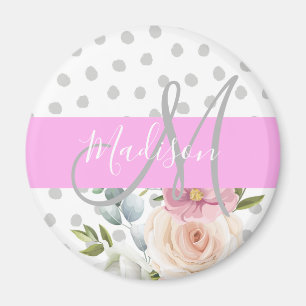 Aimant Chic & Girly Floral Blanc Rose Gris Monogram Nom