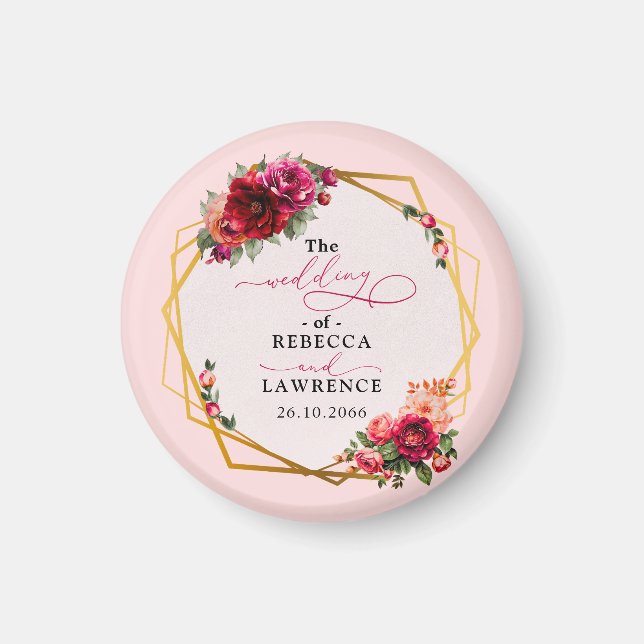 Aimant Chic rouge rose floral et faux mariage or (Devant)