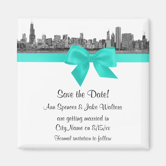 Aimant Chicago Skyline Etched BW Aqua Enregistrer la date (Devant)