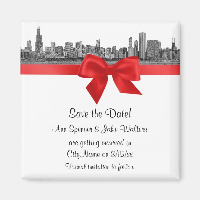 Aimant Chicago Skyline Etched BW Red Enregistrer la date (Devant)