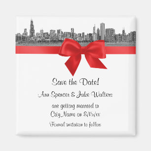 Aimant Chicago Skyline Gravé BW Rouge Enregistrer la Date