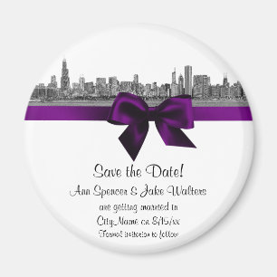 Aimant Chicago Skyline Gravé BW Violet Enregistrer la Dat