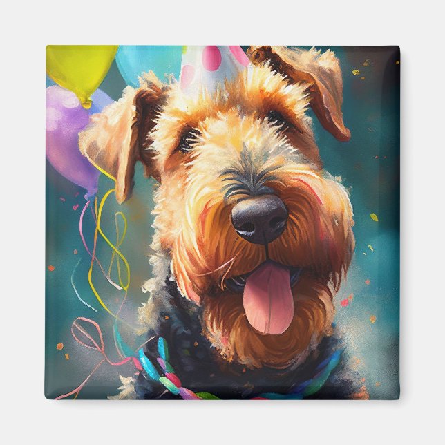 Aimant Chien Airedale avec casquette d'anniversaire et ba (Devant)