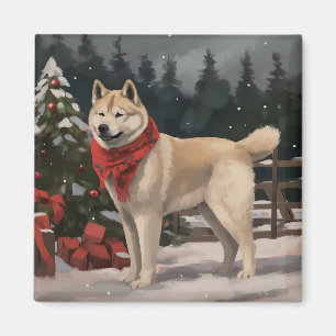 Aimant Chien Akita dans la neige de Noël