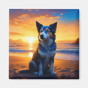 Aimant Chien assis sur Ocean Beach au coucher du soleil